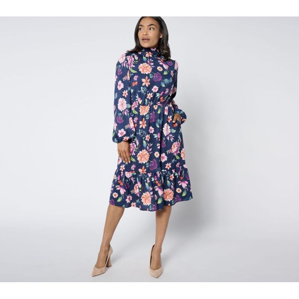 Studio Park Women's Dress Sz M X Ali Carr Tiered Ruffle Bow Blue A656171
